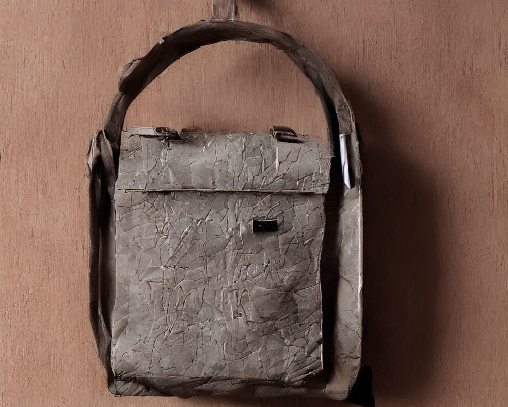 Textured Brown Flap Closure Bag Against Brown Wall