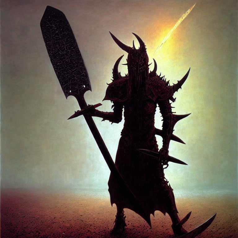 Armored figure with large sword against dusky sky and comet.