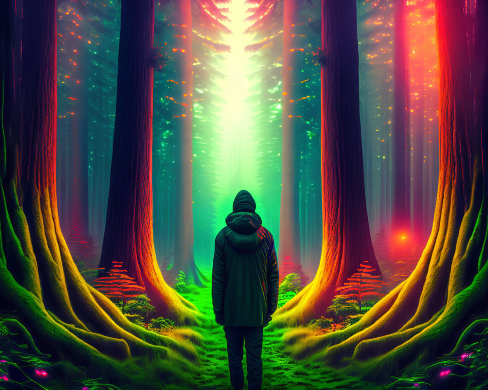 Person in vibrant fantasy forest with towering trees and mystical glow