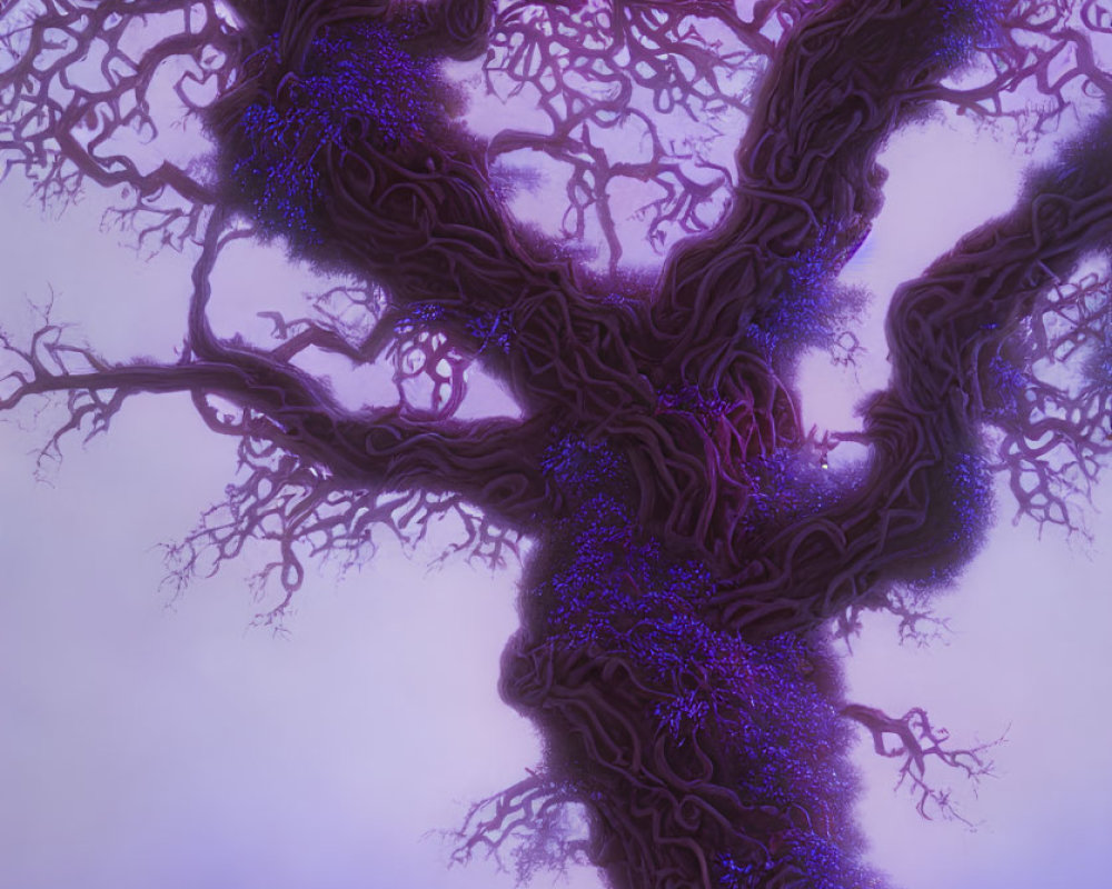 Ethereal purple tree with twisted branches in mystical foggy backdrop