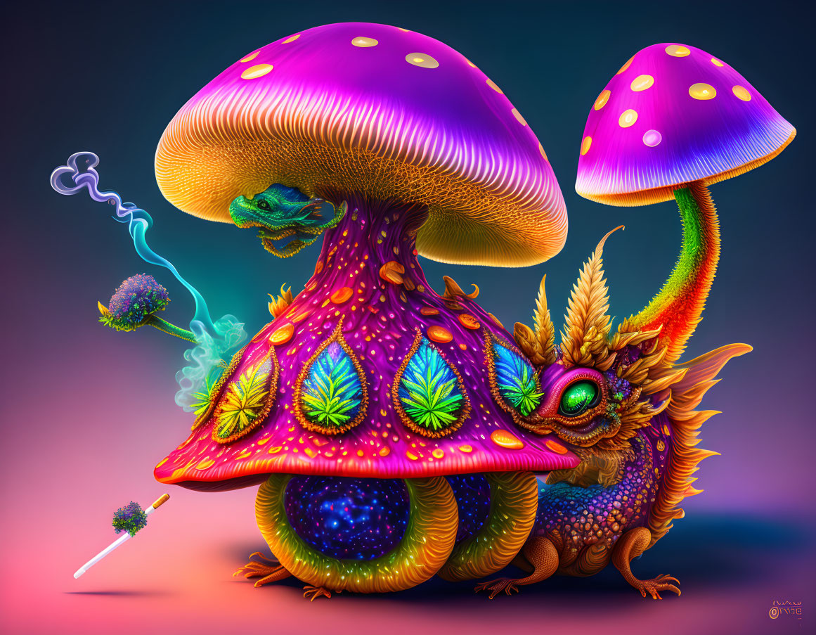 Colorful Fantastical Creature with Mushroom Features and Flower Pipe