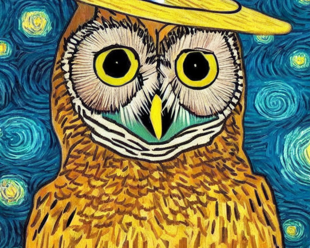 Post-Impressionist owl art with expressive eyes and Van Gogh style background