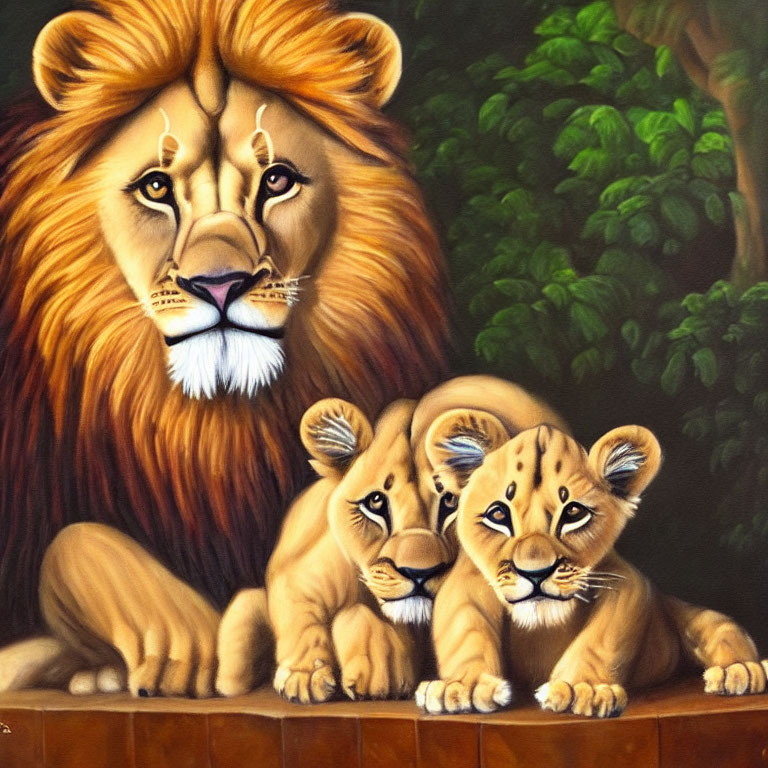 Majestic lion with cubs in lush green setting