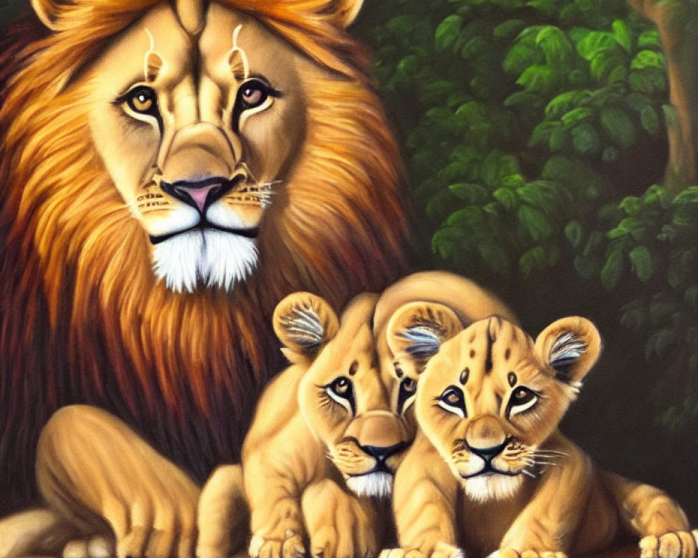 Majestic lion with cubs in lush green setting