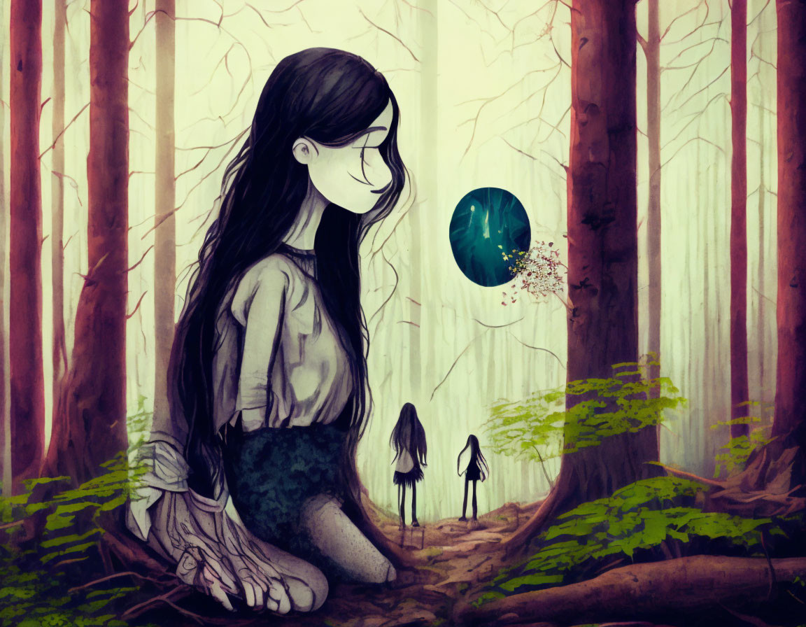 Stylized illustration of girl in misty forest with glowing orb & silhouetted figures