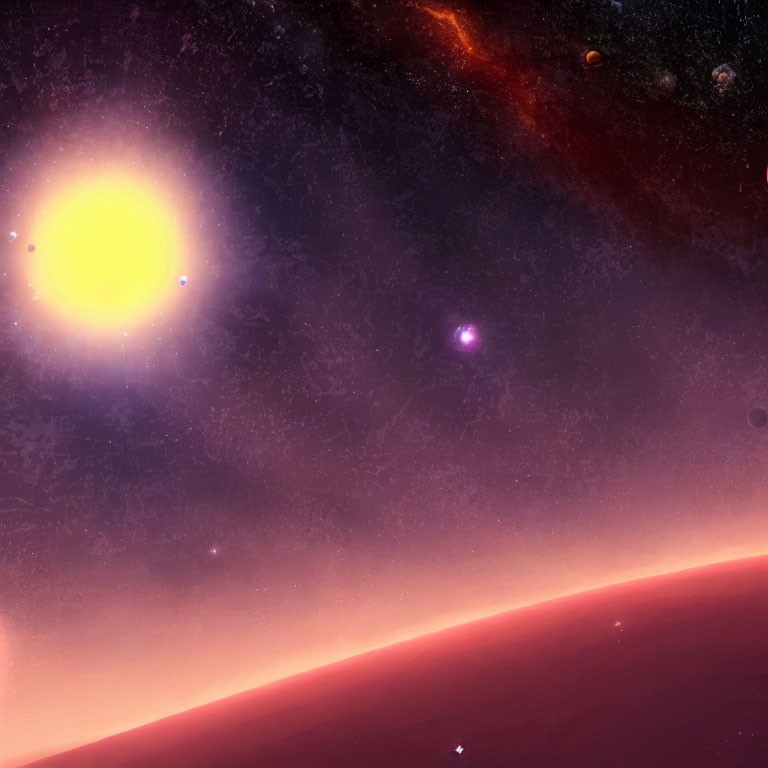 Colorful cosmic scene with star, planets, galaxies, and celestial horizon.