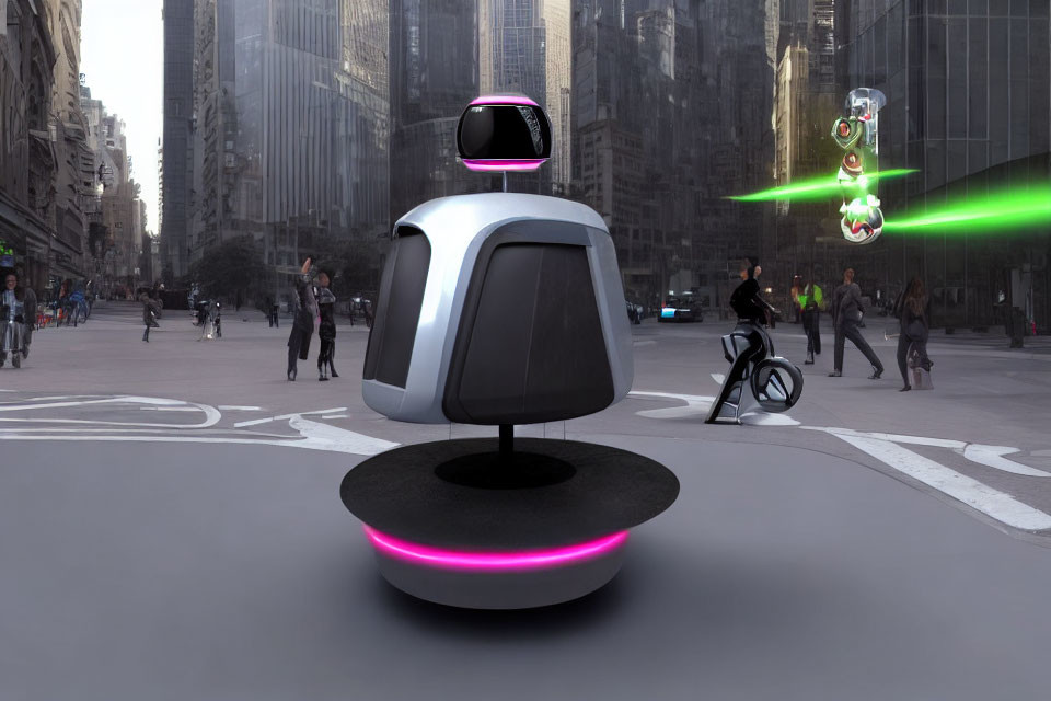 Futuristic autonomous pod with neon accents in urban street scene