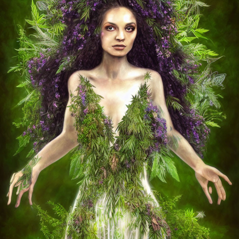 Woman adorned with greenery and purple flowers in nature-inspired theme.