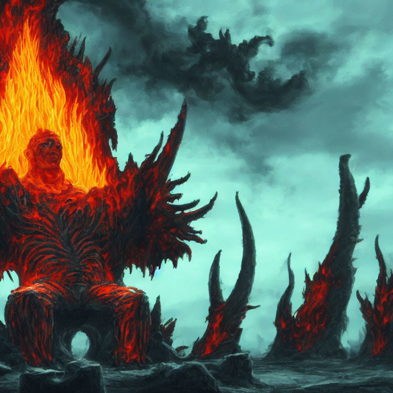 Fiery winged figure on throne in hellish landscape