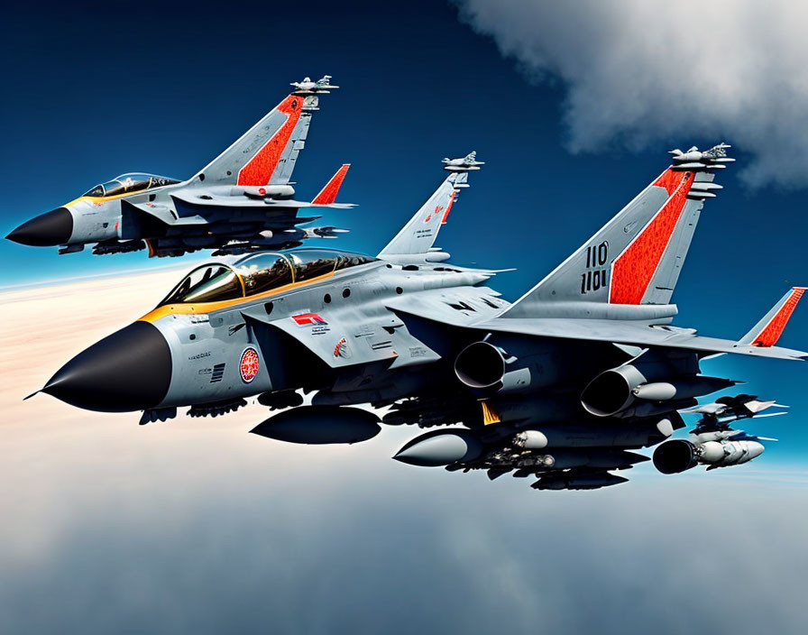 Two Fighter Jets with Orange and White Tails Flying in Sky