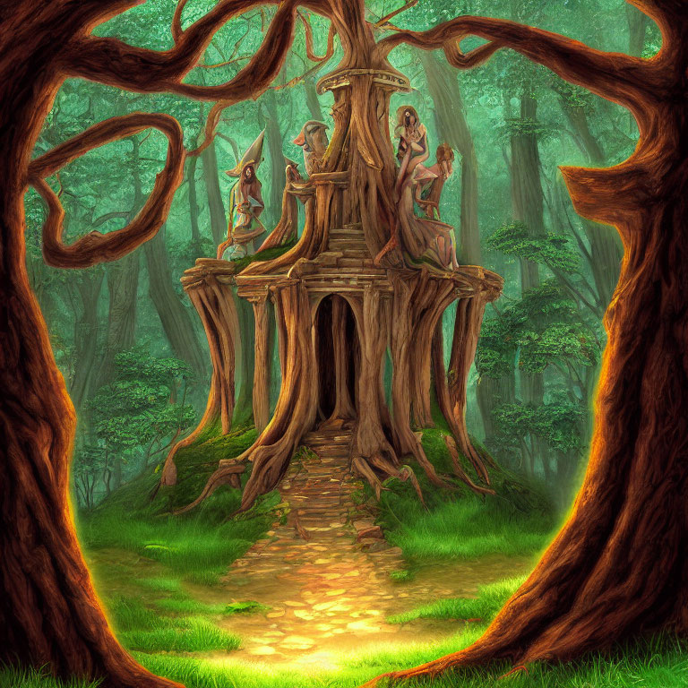 Mystical forest with illuminated pathways and ethereal figures