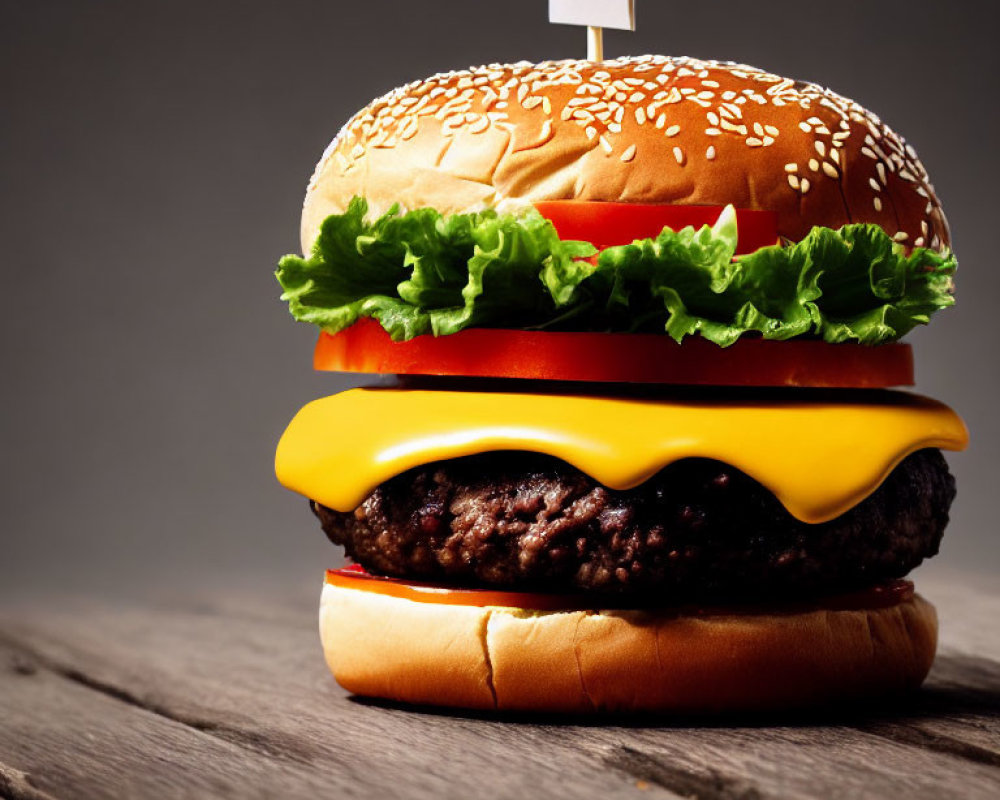 Sesame Bun Cheeseburger with Lettuce and Tomato on Wooden Surface