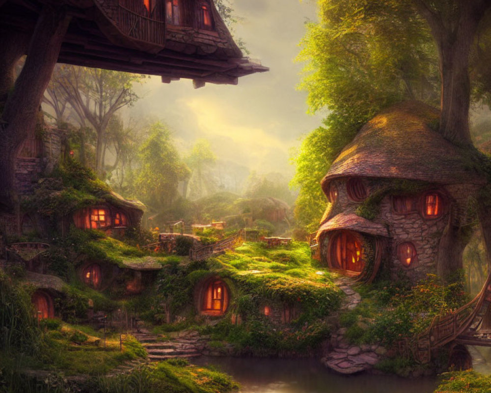 Fantasy woodland with cozy mushroom houses and serene pond