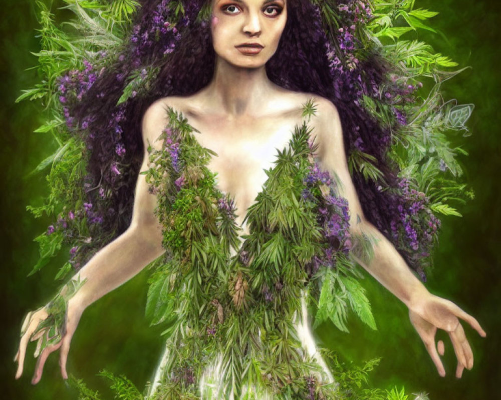 Woman adorned with greenery and purple flowers in nature-inspired theme.