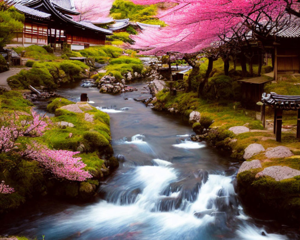 Tranquil Japanese landscape with cherry blossoms, river, and traditional architecture