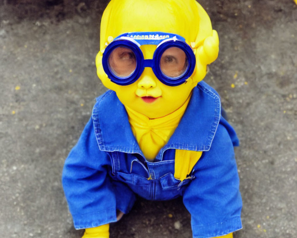 Baby with Yellow Skin in Blue Jumpsuit and Swim Cap on Tarmac