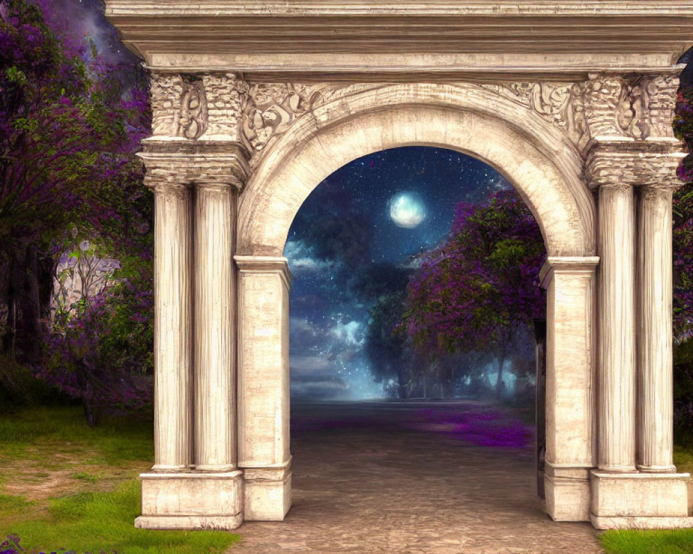 Ethereal moonlit night scene with ornate stone archway