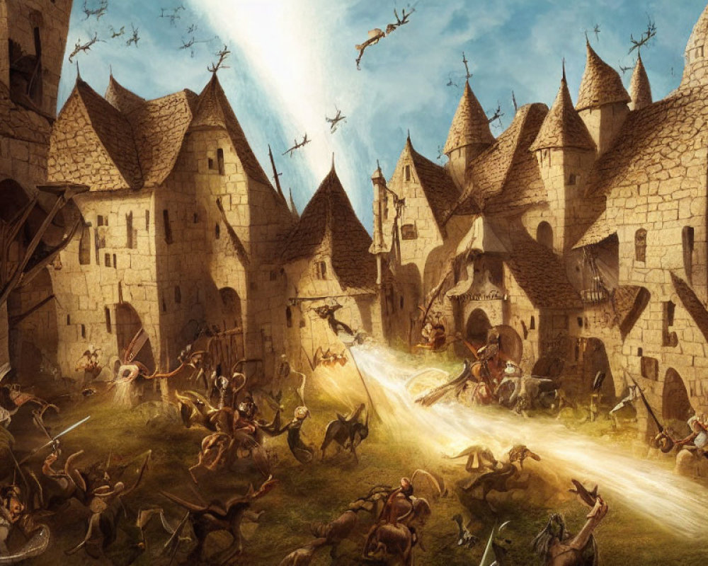 Medieval battle scene with archers, warriors, and mythical creatures outside stone castle