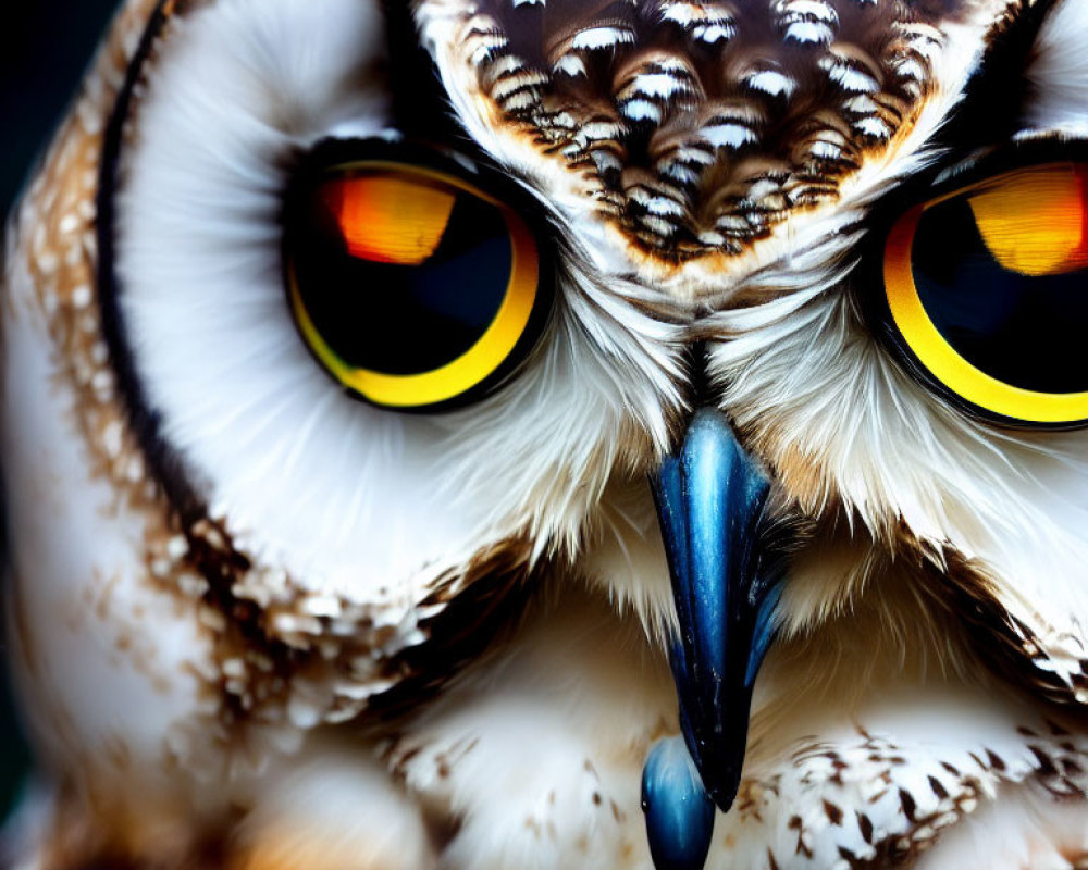 Detailed Close-Up of Owl with Brown and White Feathers & Yellow-Orange Eyes