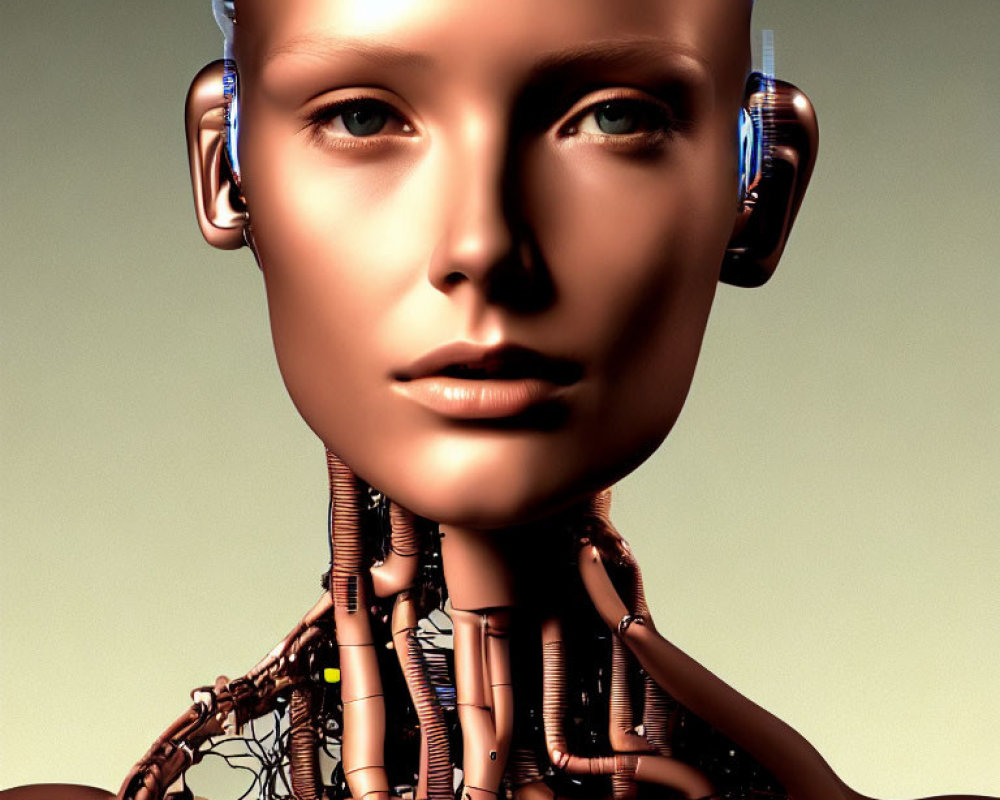 Female humanoid robot with metallic face, neck circuitry, and mechanical ears on beige background