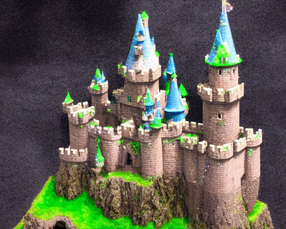 Miniature fairy tale castle model with blue roofs on rocky terrain.