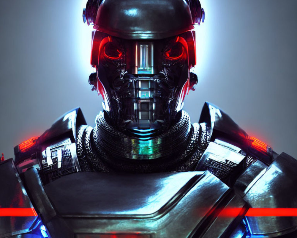 Menacing robotic figure with glowing red eye and intricate mechanical details.