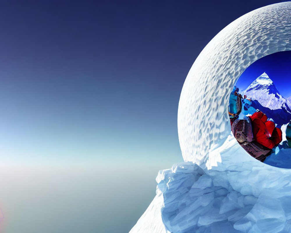 Climbers resting in icy blue cave with circular opening and mountain view