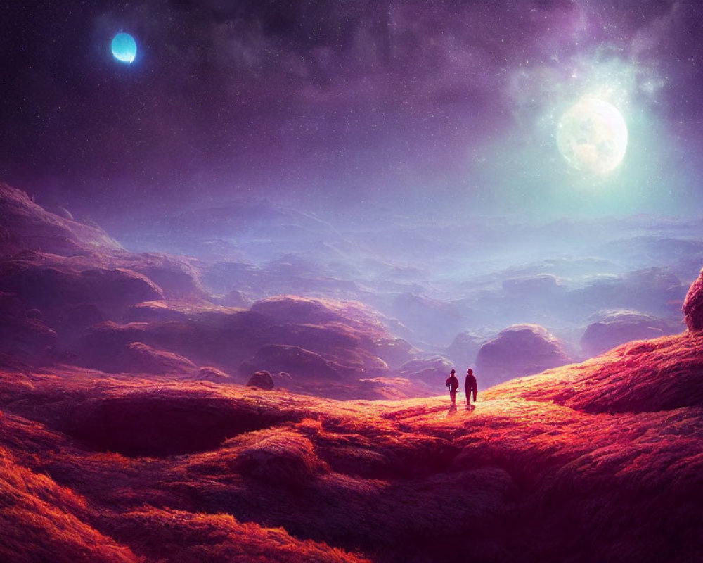 Vibrant alien landscape with two people under purple sky