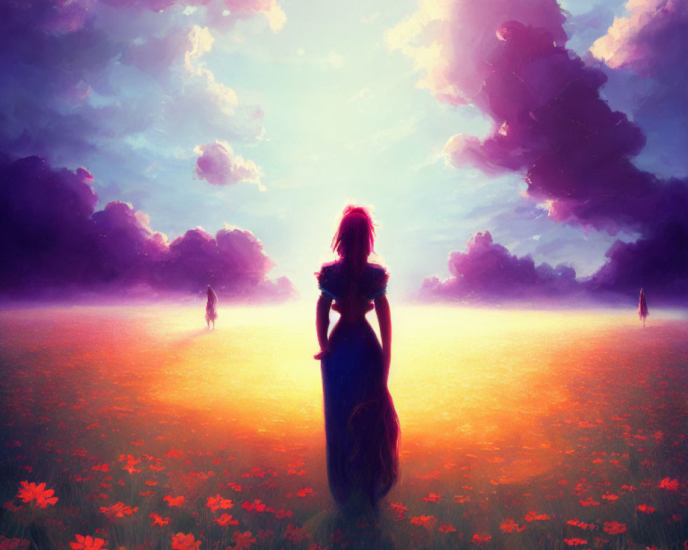 Woman in flower field under vibrant sunset sky with distant figures