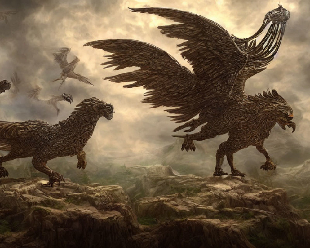 Metallic-feathered griffin-like creatures soaring in stormy sky