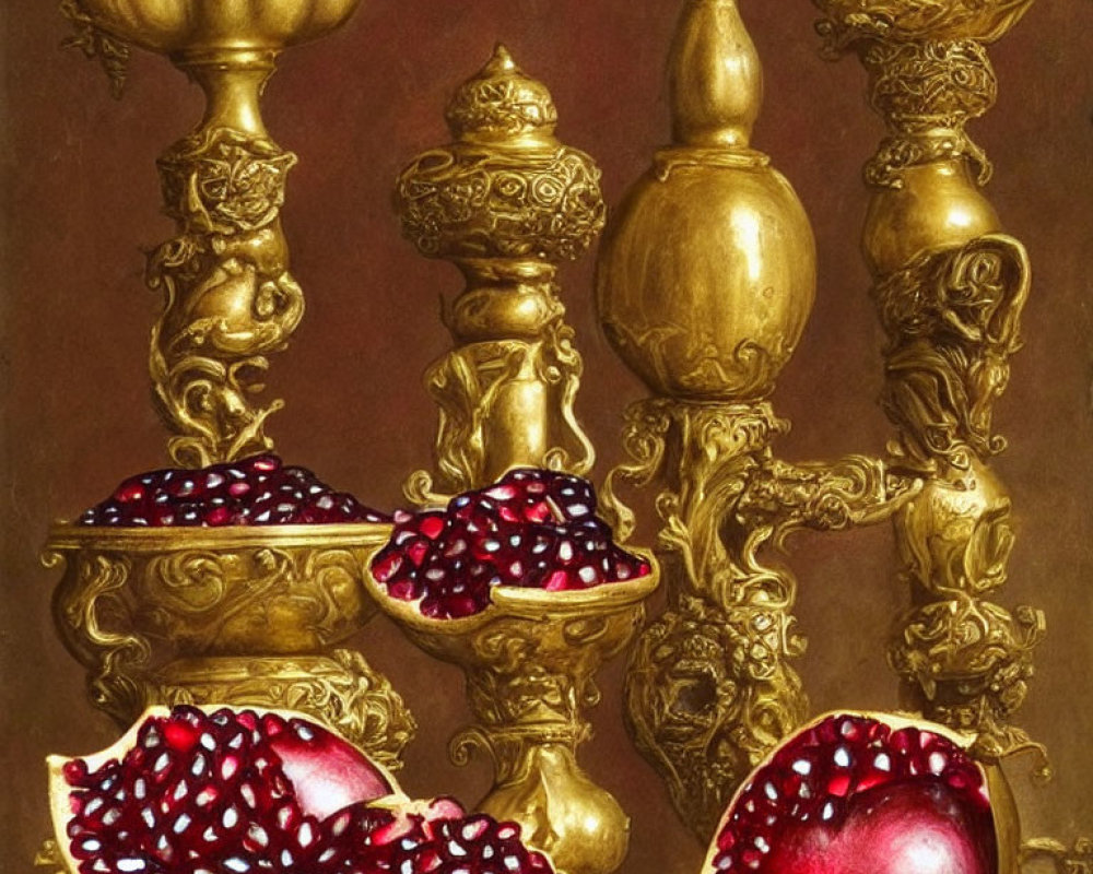 Baroque golden tableware with pomegranate motif on textured surface