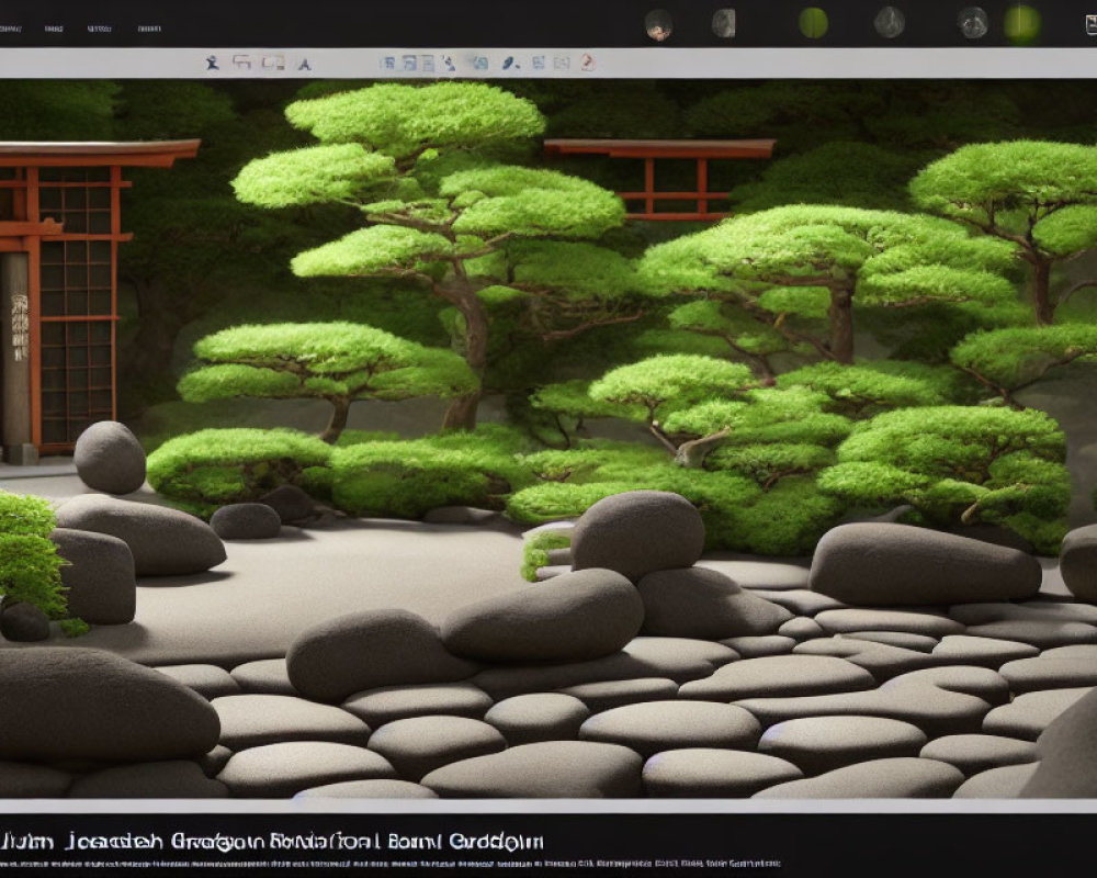 Japanese garden with bonsai trees, rocks, and torii gate symbolizing tranquility.