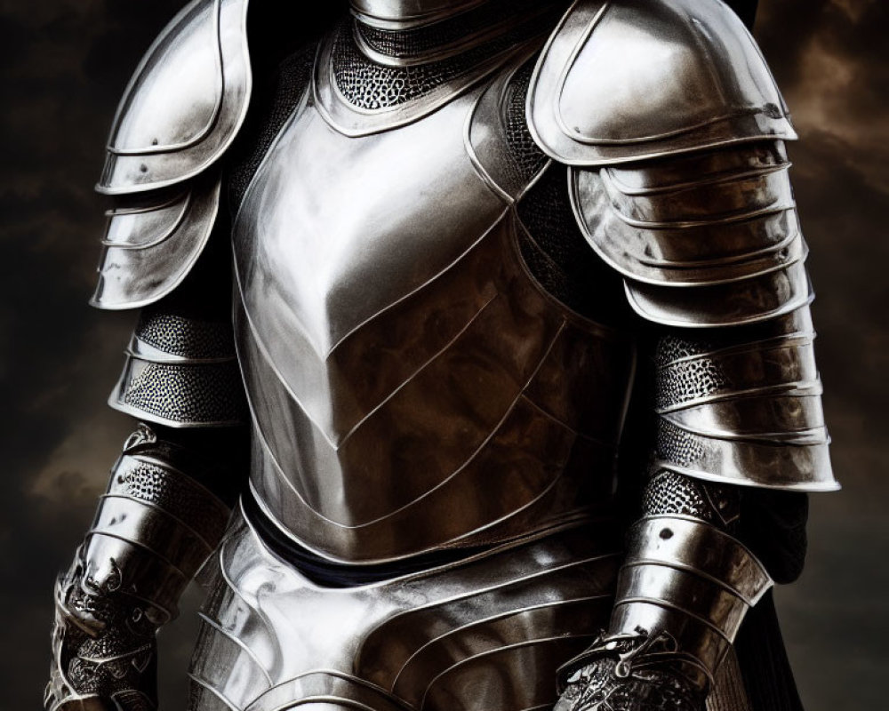 Detailed Shiny Medieval Plate Armor Against Dark Cloudy Backdrop