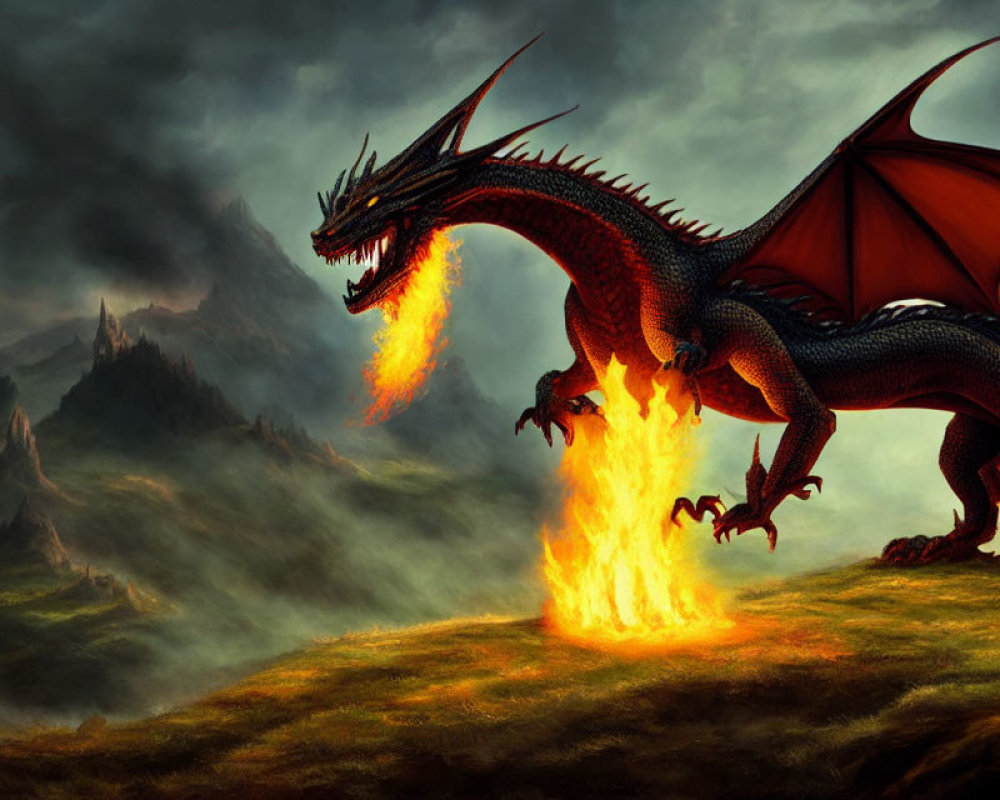 Red dragon breathing fire in dark mountain landscape