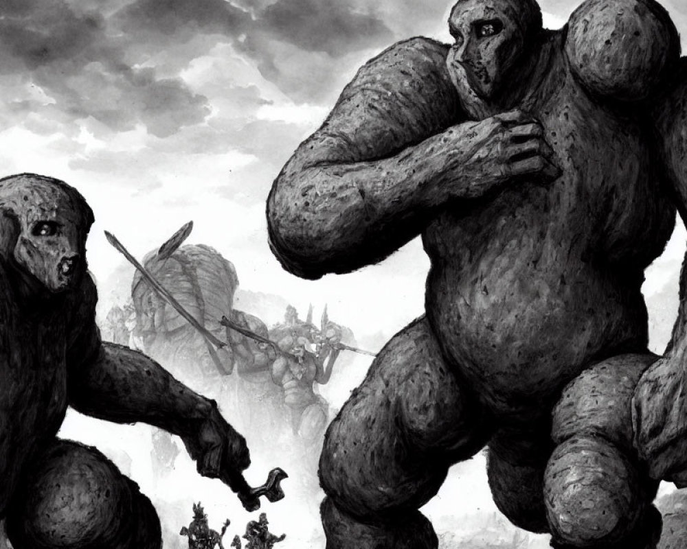 Monochromatic epic battle scene: giant apes vs. small humans under dramatic sky