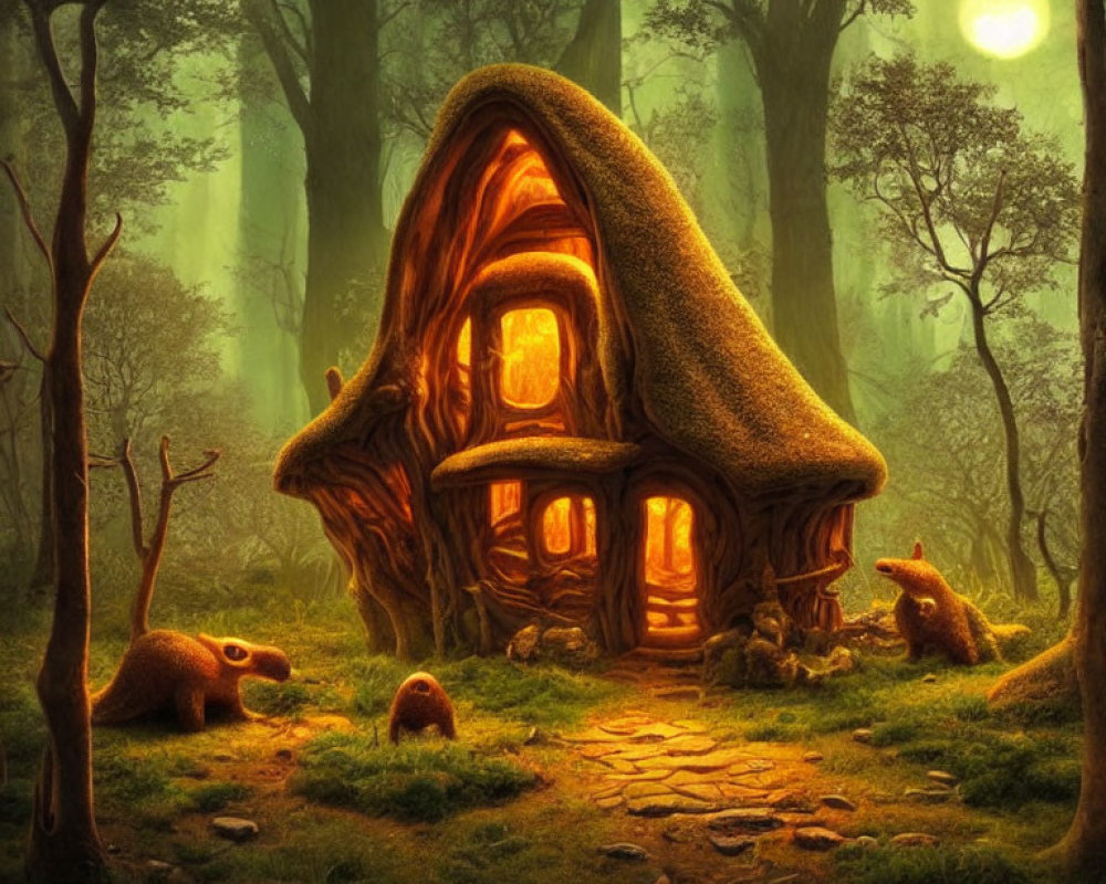 Enchanting forest scene with whimsical mushroom house and playful creatures