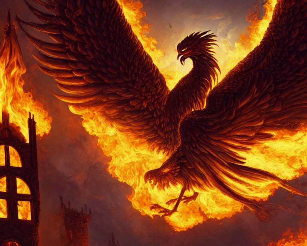 Majestic phoenix with fiery wings over burning gothic structure