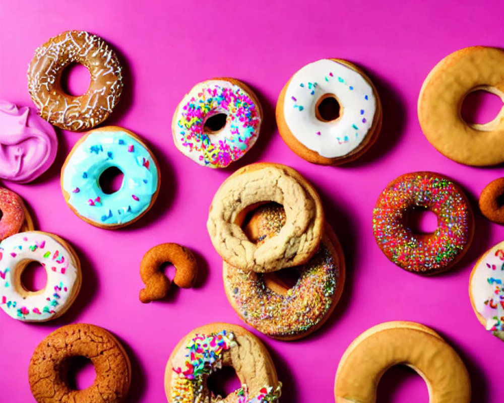 Colorful Decorated Doughnuts and Cookies on Pink Background