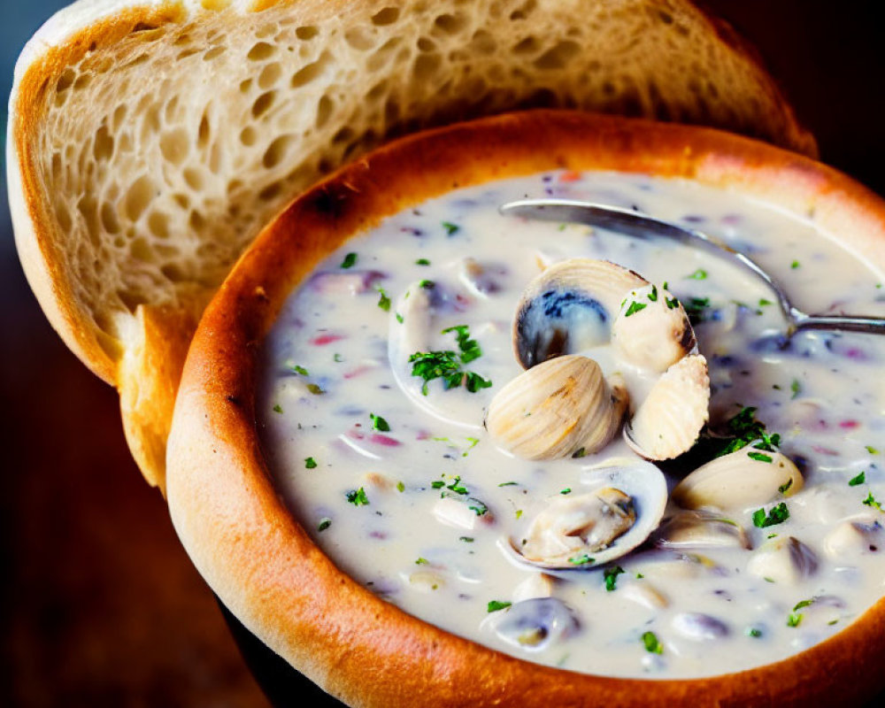 Creamy clam chowder in bread bowl with whole clams and herbs on wooden surface