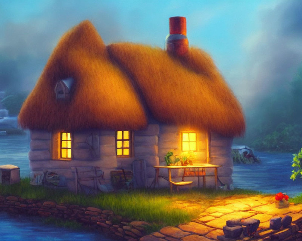 Quaint Thatched-Roof Cottage by Tranquil River at Dusk