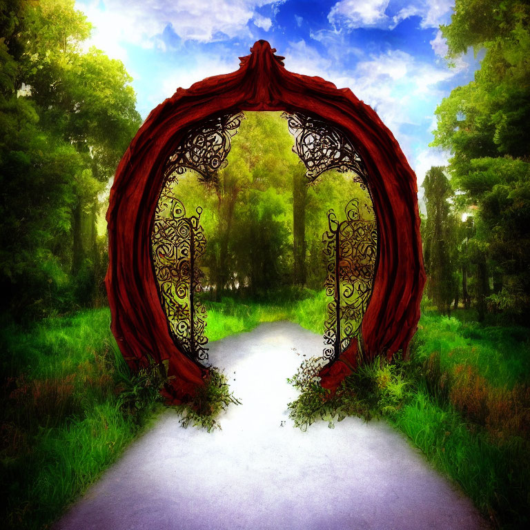 Red circular gate with intricate patterns in lush green forest