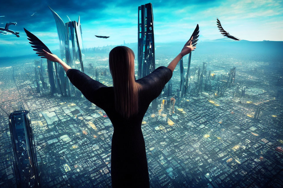 Woman overlooking futuristic cityscape with skyscrapers and flying vehicles at twilight