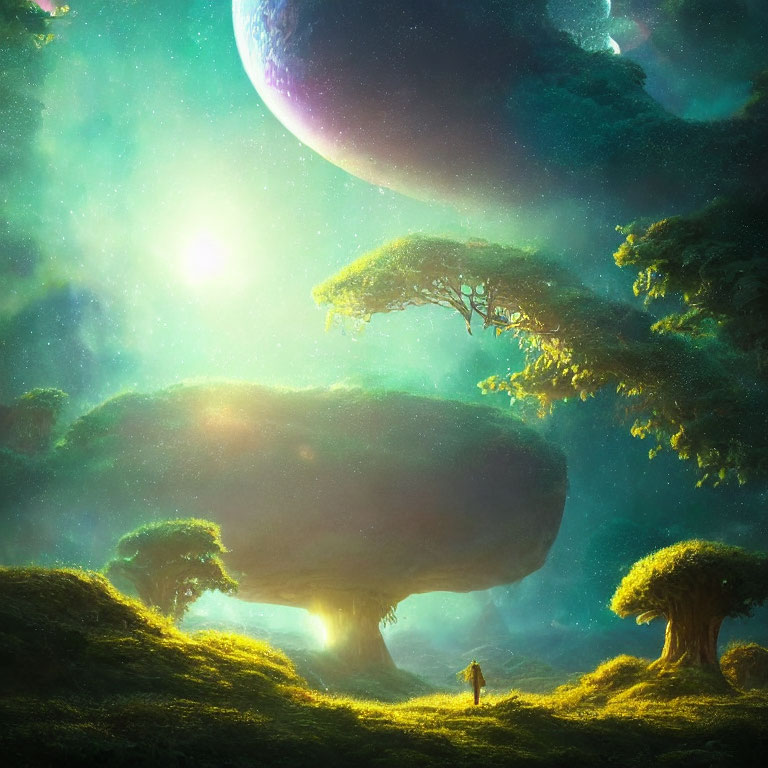 Fantastical landscape with oversized mushroom-shaped trees and a lone figure under a sky with a large planet