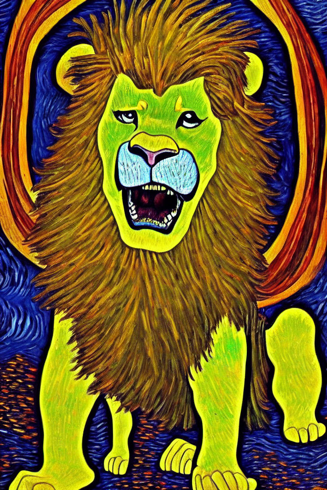 Vibrant lion illustration with bold colors and prominent mane