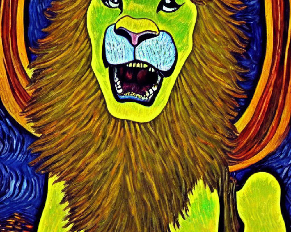 Vibrant lion illustration with bold colors and prominent mane