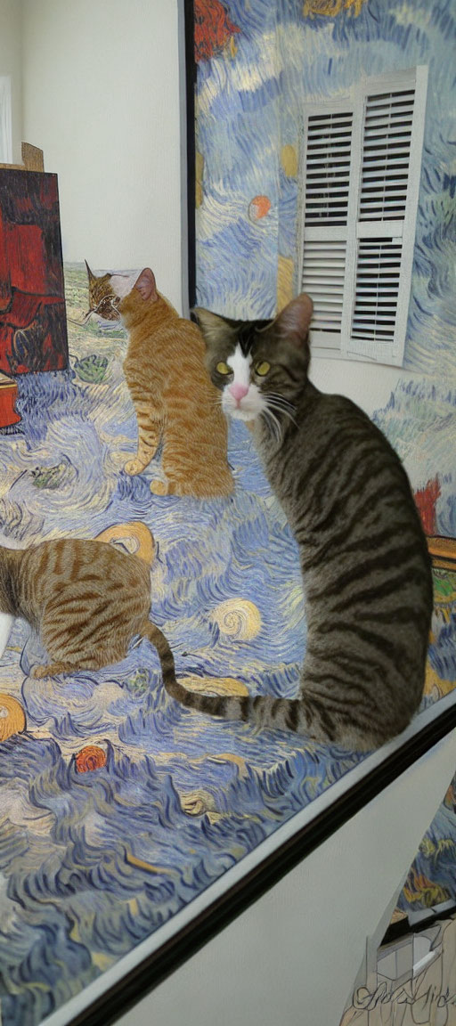 Cat with stripe patterns merges into Van Gogh's "Starry Night" painting.