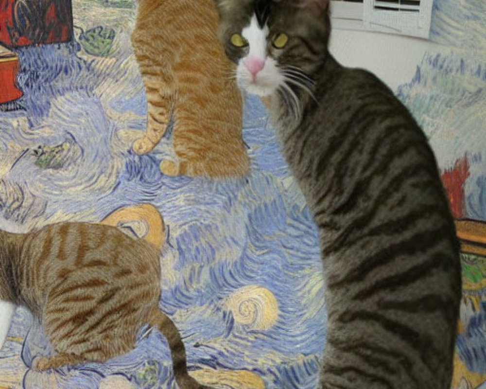 Cat with stripe patterns merges into Van Gogh's "Starry Night" painting.