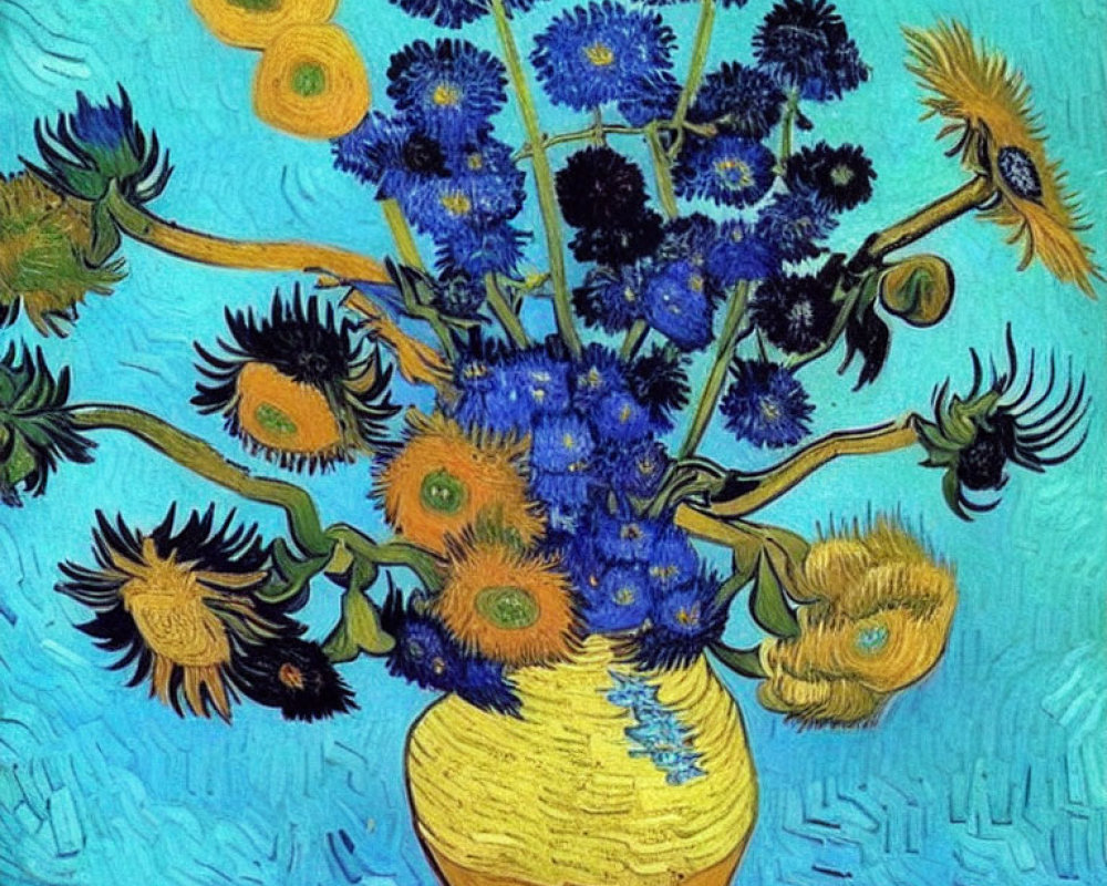 Colorful sunflower bouquet painting with blue flowers and swirling yellow background