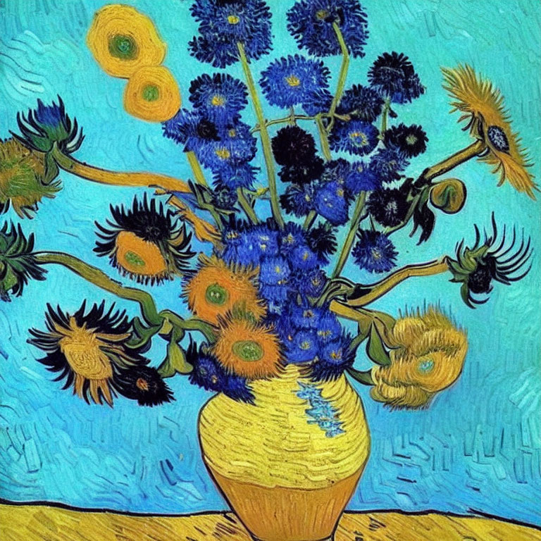 Colorful sunflower bouquet painting with blue flowers and swirling yellow background