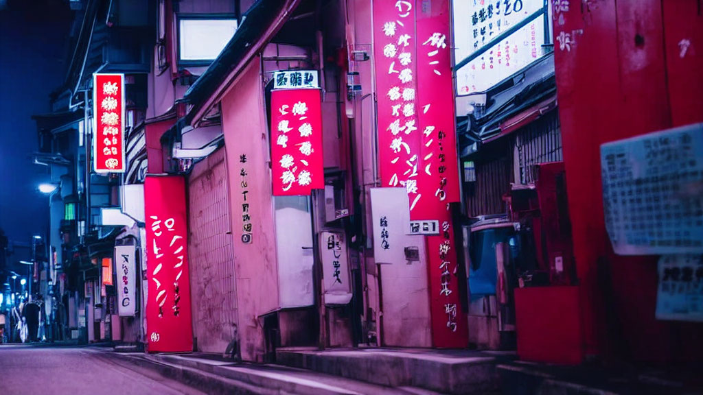 Neon red signs and lanterns light up Japanese street at dusk